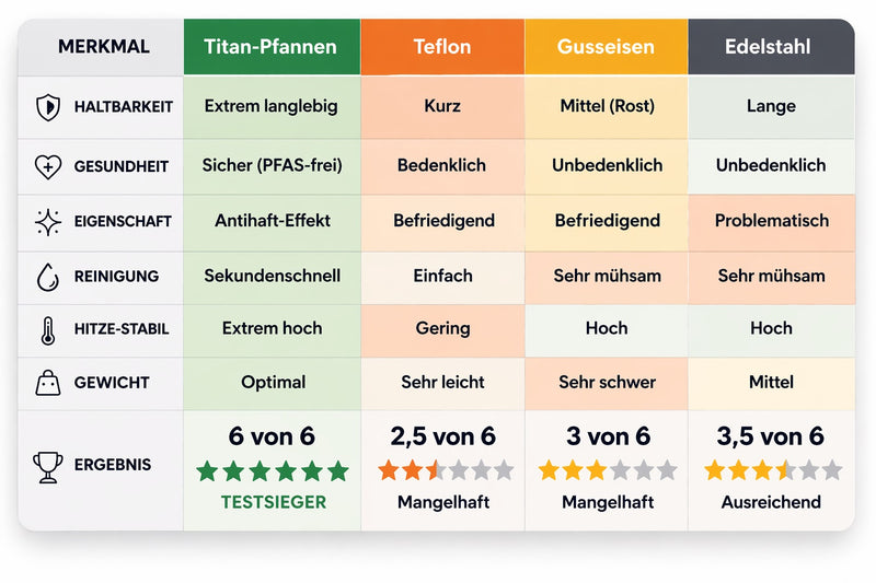 Pfannen Vergleich Titan Teflon Edelstahl Gusseisen