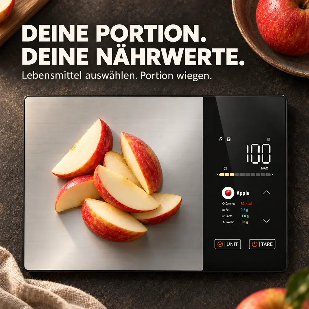 SMART-KÜCHENWAAGE mit Apfelstücken und Anzeige der Kalorien und Nährwerte nach Lebensmittelauswahl