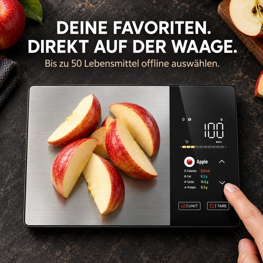 Lebensmittel-Favoriten direkt über die Pfeiltasten an der SMART-KÜCHENWAAGE auswählen