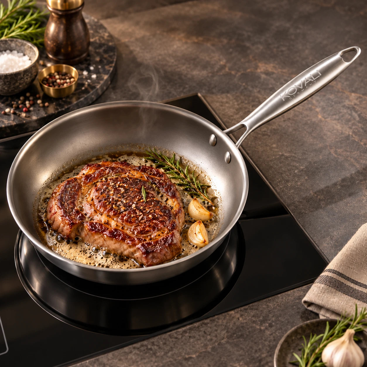 Steak mit Rosmarin und Knoblauch in der TITAN-DELUXE-PFANNE